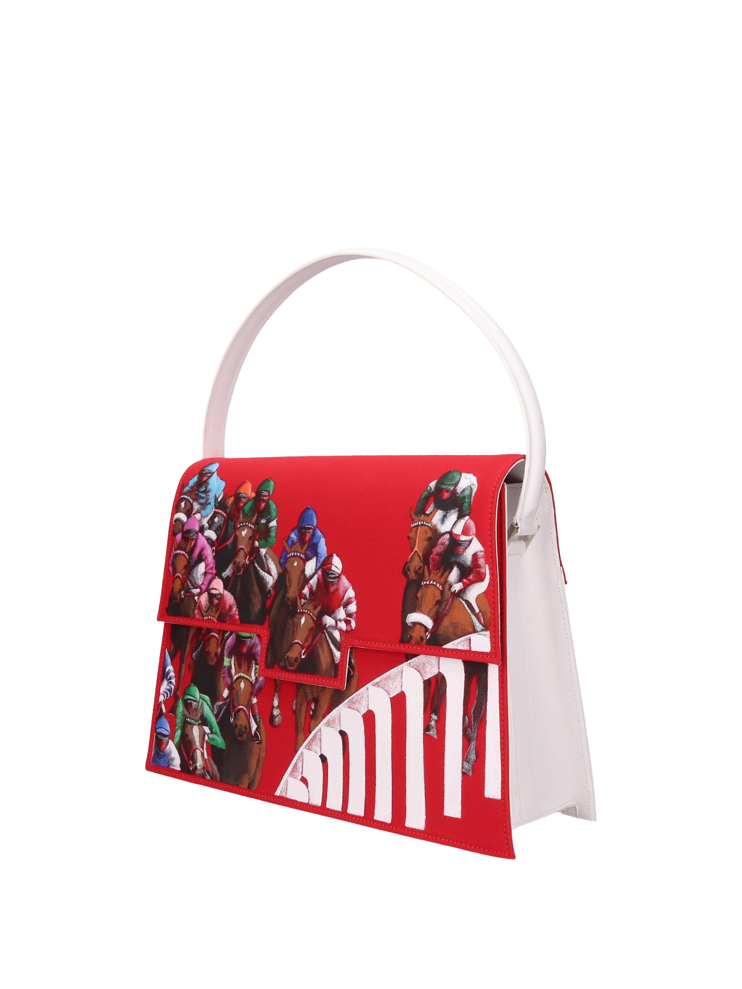Hand-painted handbag with artwork on both front and back, featuring a red cotton logoed interior with three functional pockets, gold-colored hooks and internal zip, white leather handle, and secured with a double magnetic button closure.