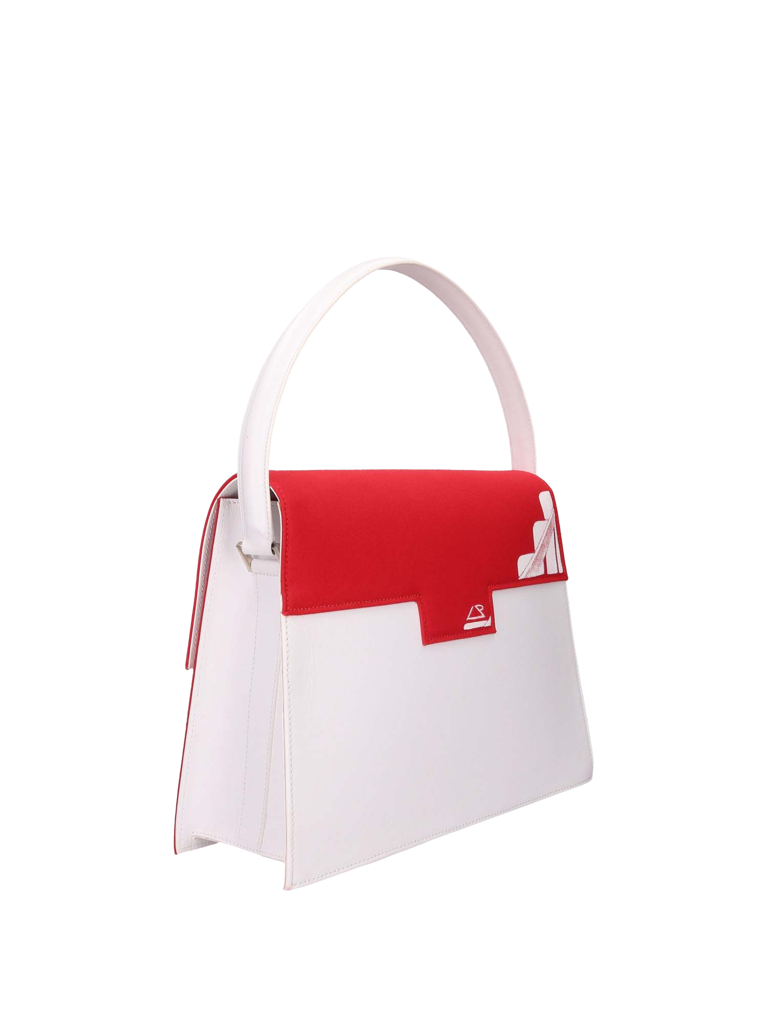 Hand-painted handbag with artwork on both front and back, featuring a red cotton logoed interior with three functional pockets, gold-colored hooks and internal zip, white leather handle, and secured with a double magnetic button closure.