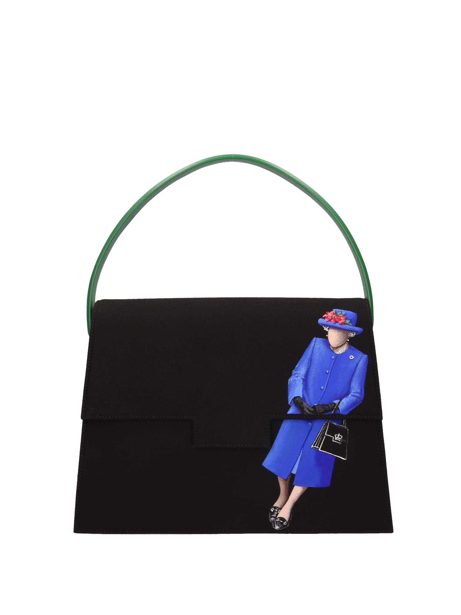 Hand-painted handbag from the iconographic series paying homage to Queen Elizabeth II, featuring artwork on both front and back, red cotton logoed interior with three functional pockets, nickel-colored hooks and internal zip, and a green leather handle.