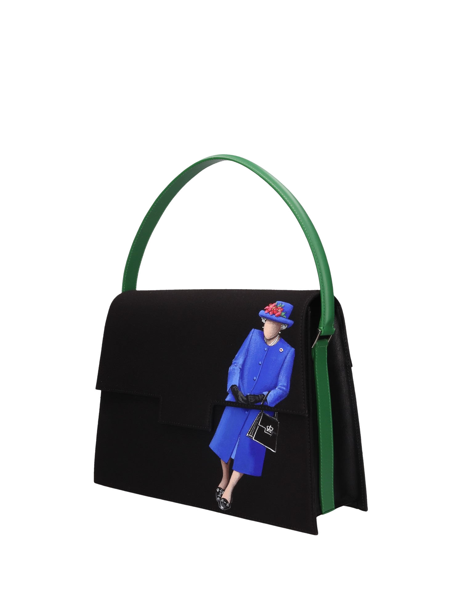 Hand-painted handbag from the iconographic series paying homage to Queen Elizabeth II, featuring artwork on both front and back, red cotton logoed interior with three functional pockets, nickel-colored hooks and internal zip, and a green leather handle.