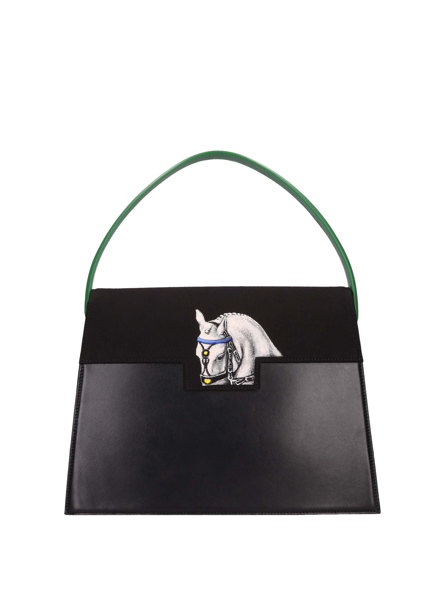 Hand-painted handbag from the iconographic series paying homage to Queen Elizabeth II, featuring artwork on both front and back, red cotton logoed interior with three functional pockets, nickel-colored hooks and internal zip, and a green leather handle.