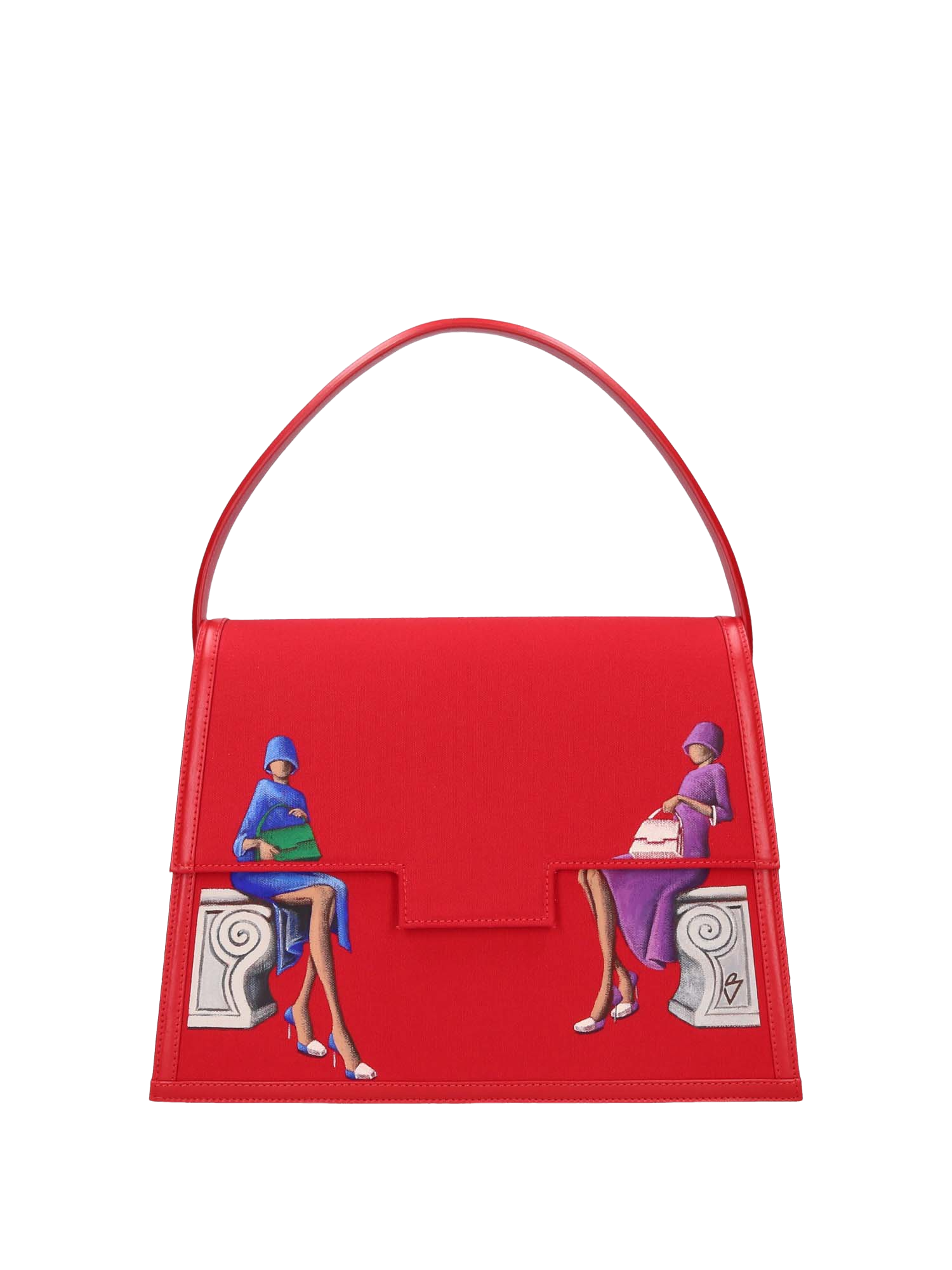Hand-painted handbag with artwork on both front and back, red cotton logoed interior with three functional pockets, gold-colored hooks and internal zip, red leather handle, secured with a double magnetic button closure.
