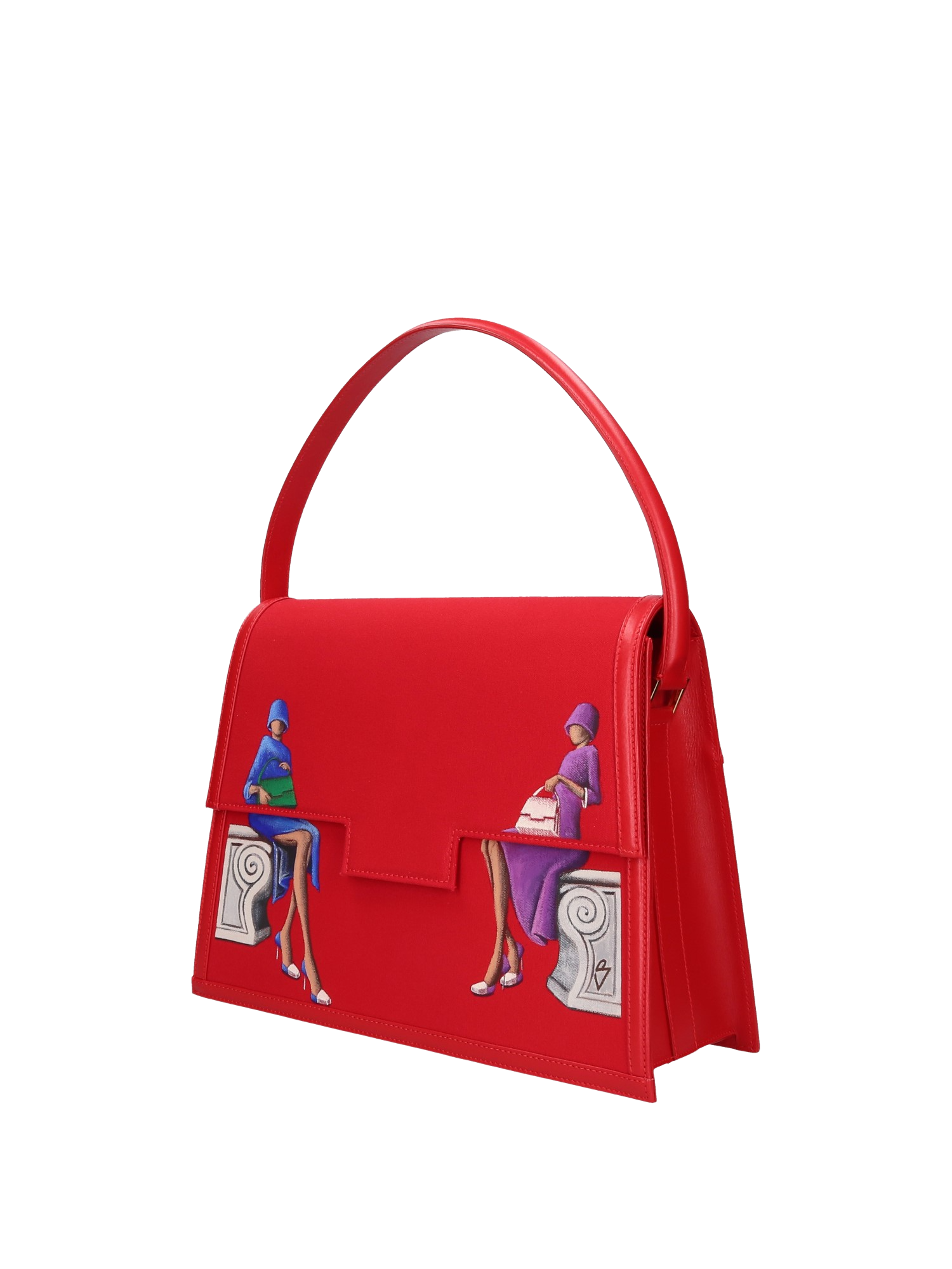 Hand-painted handbag with artwork on both front and back, red cotton logoed interior with three functional pockets, gold-colored hooks and internal zip, red leather handle, secured with a double magnetic button closure.