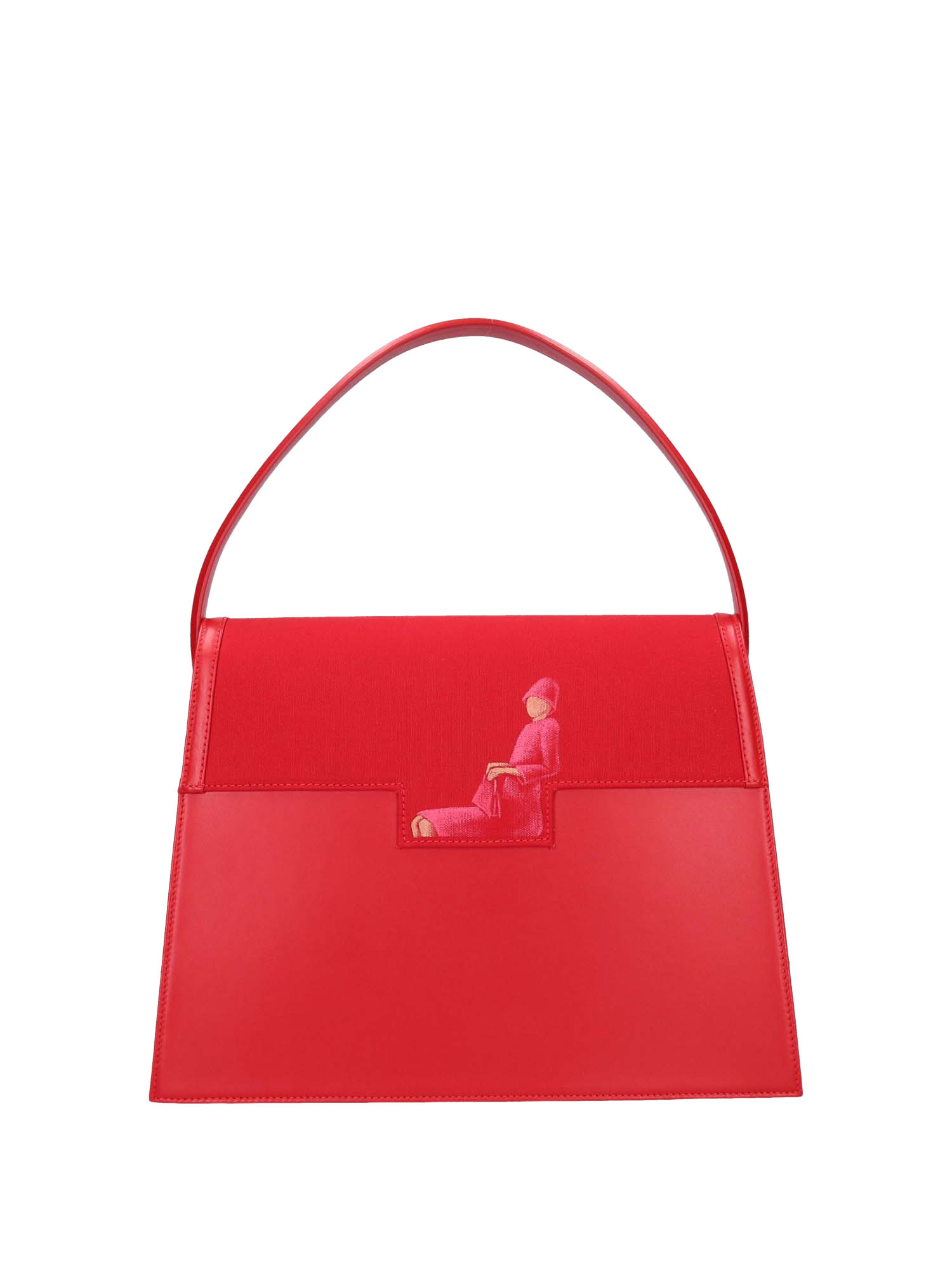 Hand-painted handbag with artwork on both front and back, red cotton logoed interior with three functional pockets, gold-colored hooks and internal zip, red leather handle, secured with a double magnetic button closure.