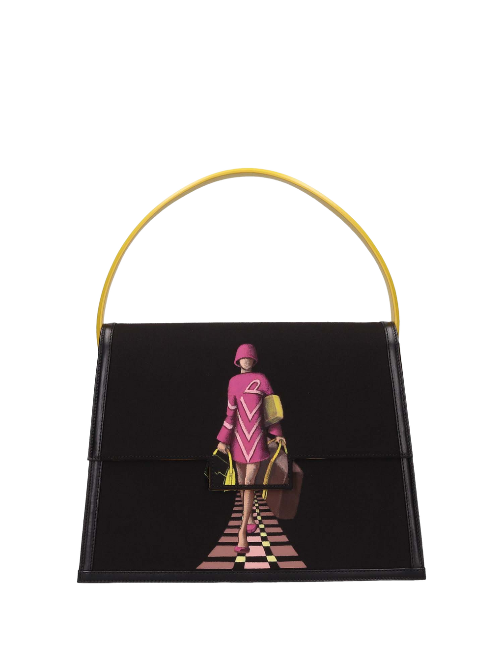 Hand-painted handbag with artwork on both front and back, featuring a red cotton logoed interior with three functional pockets, gold-colored hooks and internal zip, yellow leather handle, and secured with a double magnetic button closure.