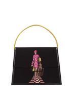 Hand-painted handbag with artwork on both front and back, featuring a red cotton logoed interior with three functional pockets, gold-colored hooks and internal zip, yellow leather handle, and secured with a double magnetic button closure.