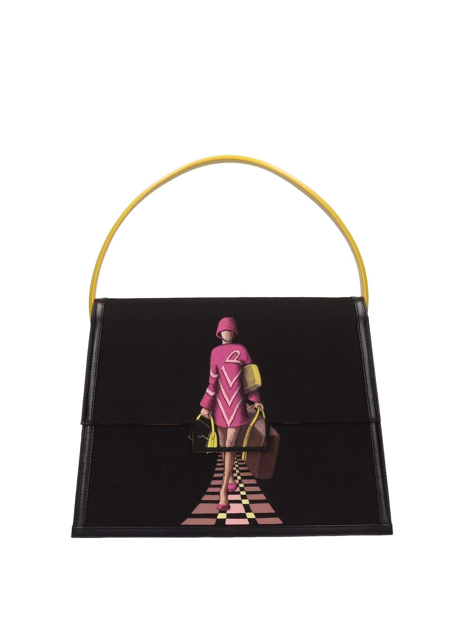 Hand-painted handbag with artwork on both front and back, featuring a red cotton logoed interior with three functional pockets, gold-colored hooks and internal zip, yellow leather handle, and secured with a double magnetic button closure.