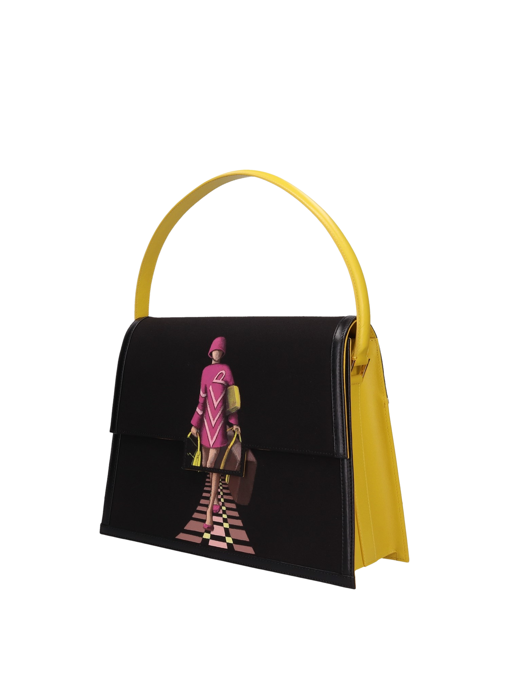 Hand-painted handbag with artwork on both front and back, featuring a red cotton logoed interior with three functional pockets, gold-colored hooks and internal zip, yellow leather handle, and secured with a double magnetic button closure.