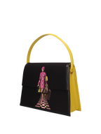 Hand-painted handbag with artwork on both front and back, featuring a red cotton logoed interior with three functional pockets, gold-colored hooks and internal zip, yellow leather handle, and secured with a double magnetic button closure.