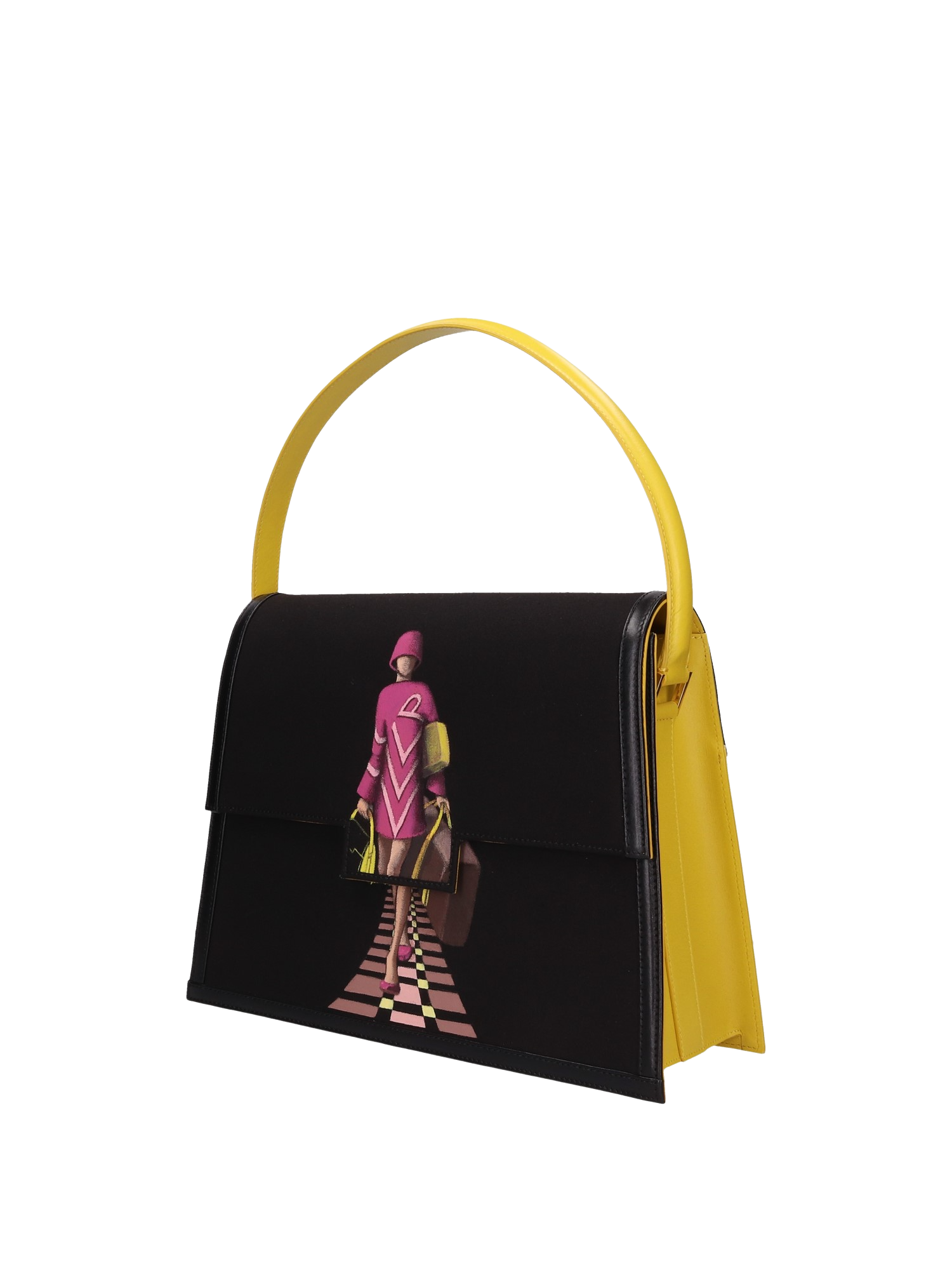 Hand-painted handbag with artwork on both front and back, featuring a red cotton logoed interior with three functional pockets, gold-colored hooks and internal zip, yellow leather handle, and secured with a double magnetic button closure.