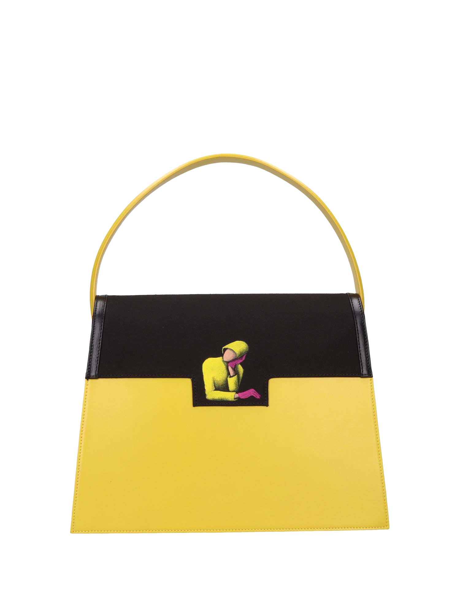 Hand-painted handbag with artwork on both front and back, featuring a red cotton logoed interior with three functional pockets, gold-colored hooks and internal zip, yellow leather handle, and secured with a double magnetic button closure.