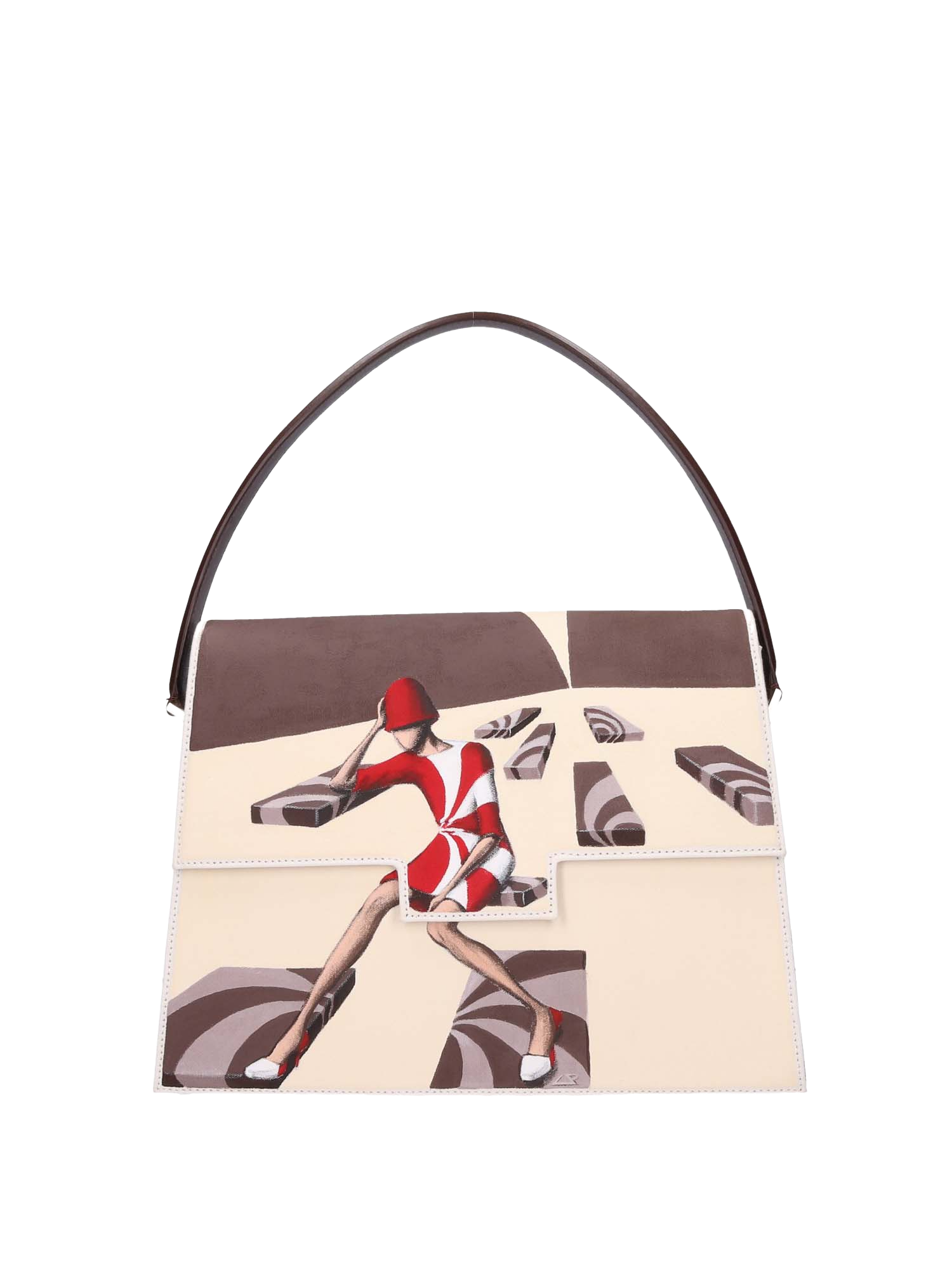 Hand-painted handbag with artwork on both front and back, featuring a red cotton logoed interior with three functional pockets, nickel-colored hooks and internal zip, brown leather handle, and secured with a double magnetic button closure.