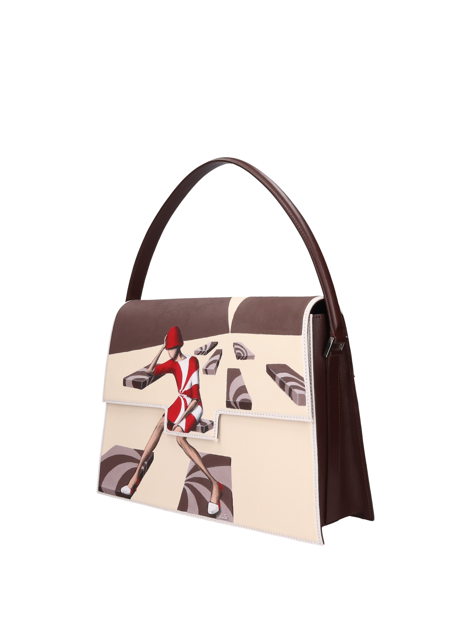 Hand-painted handbag with artwork on both front and back, featuring a red cotton logoed interior with three functional pockets, nickel-colored hooks and internal zip, brown leather handle, and secured with a double magnetic button closure.