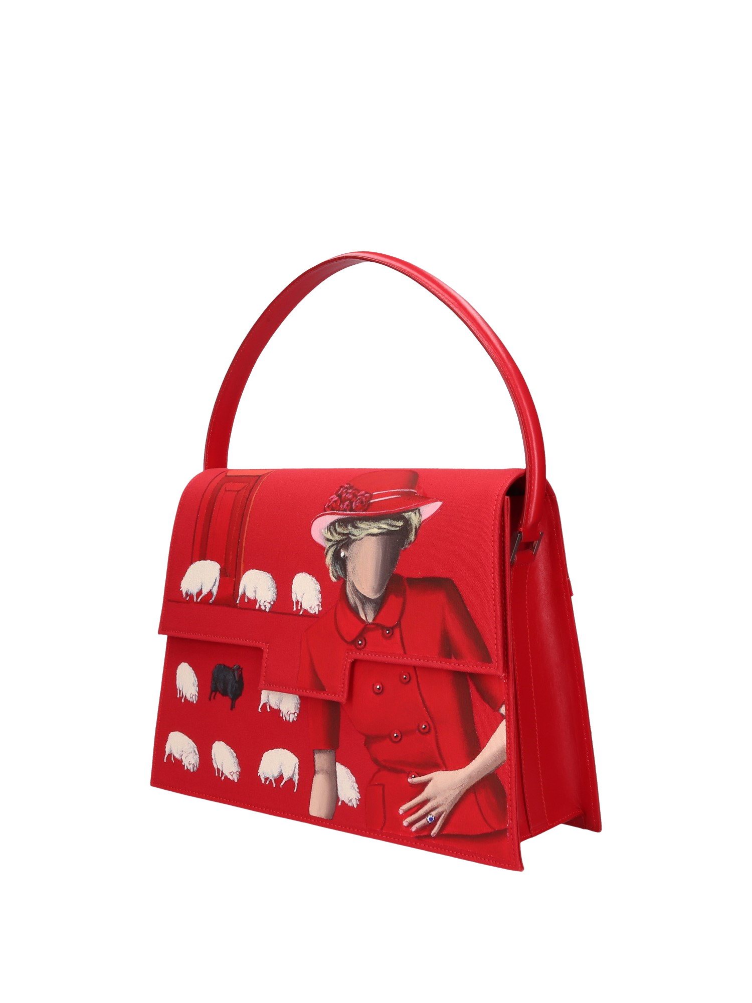 Hand-painted handbag from the iconographic series honoring Diana Spencer, featuring artwork on both front and back, red cotton logoed interior with three functional pockets, nickel-colored hooks and internal zip, and a red leather handle.