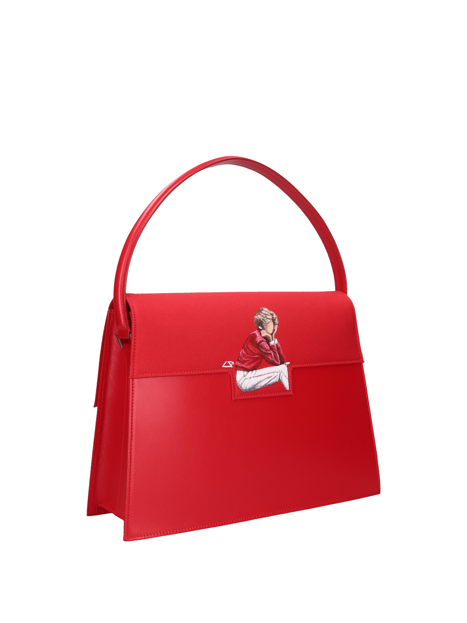 Hand-painted handbag from the iconographic series honoring Diana Spencer, featuring artwork on both front and back, red cotton logoed interior with three functional pockets, nickel-colored hooks and internal zip, and a red leather handle.