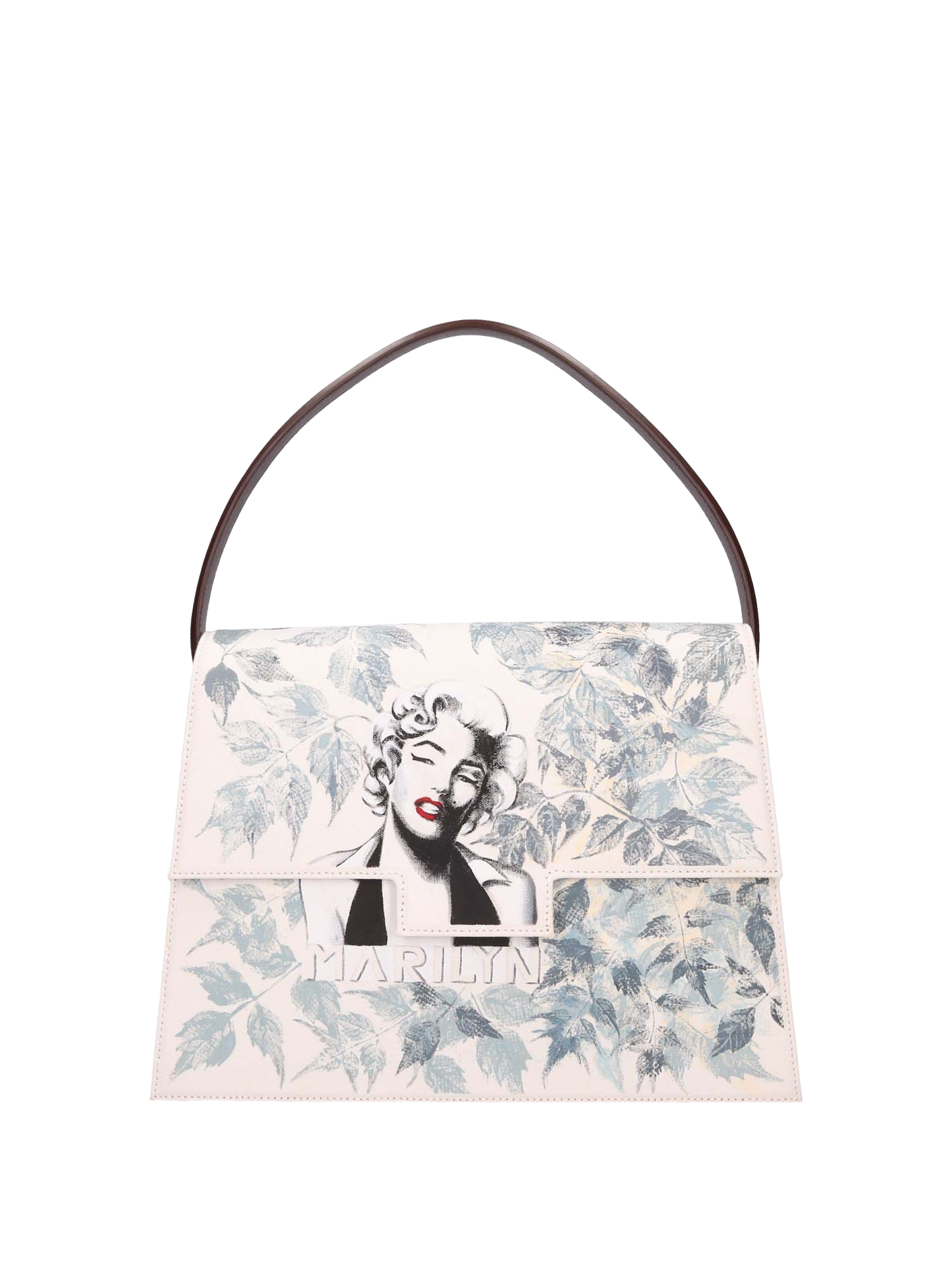Hand-painted handbag from the iconographic series honoring Marilyn Monroe, featuring artwork on both front and back, red cotton logoed interior with three functional pockets, nickel-colored hooks and internal zip, and a brown leather handle.