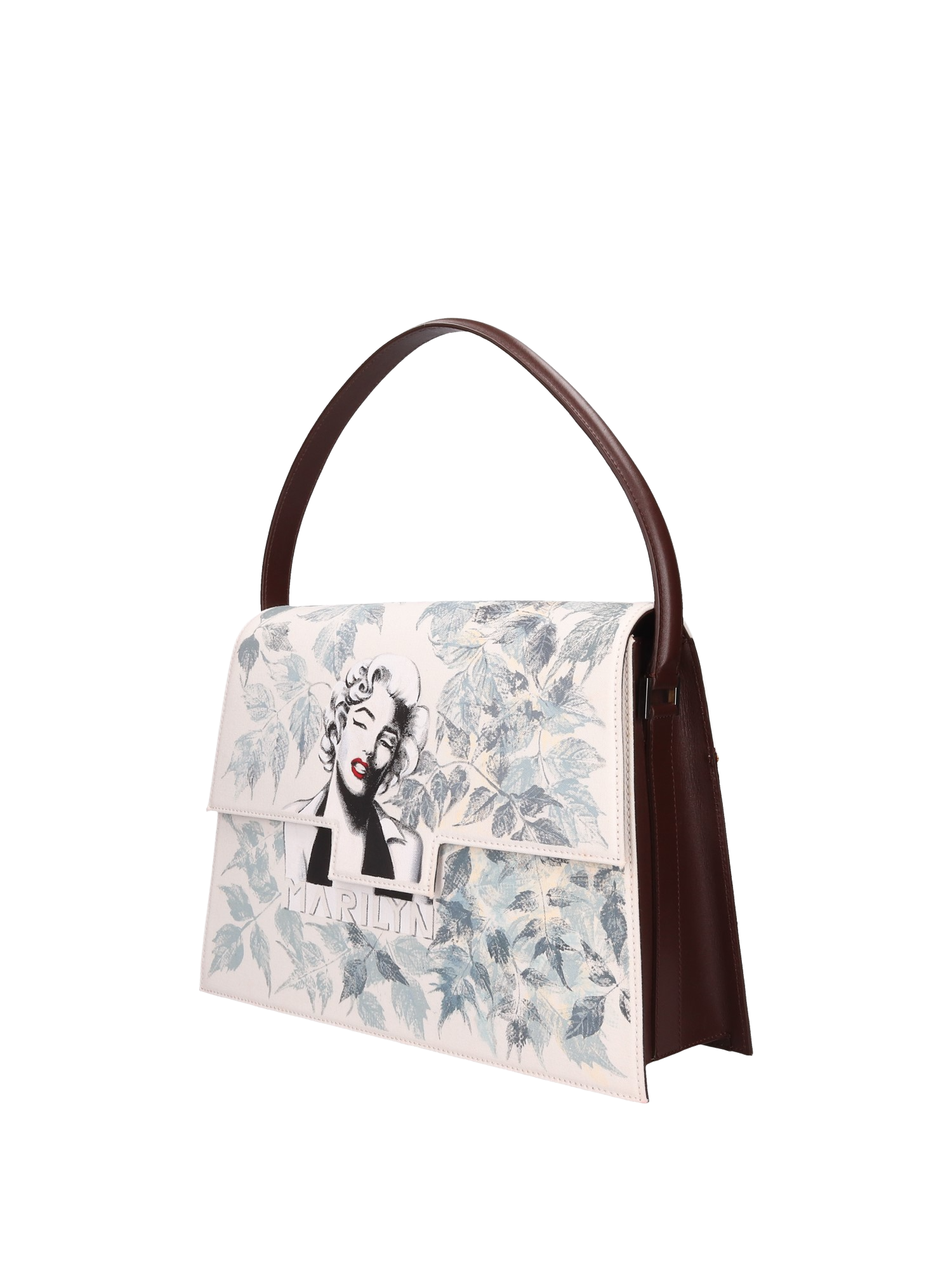 Hand-painted handbag from the iconographic series honoring Marilyn Monroe, featuring artwork on both front and back, red cotton logoed interior with three functional pockets, nickel-colored hooks and internal zip, and a brown leather handle.