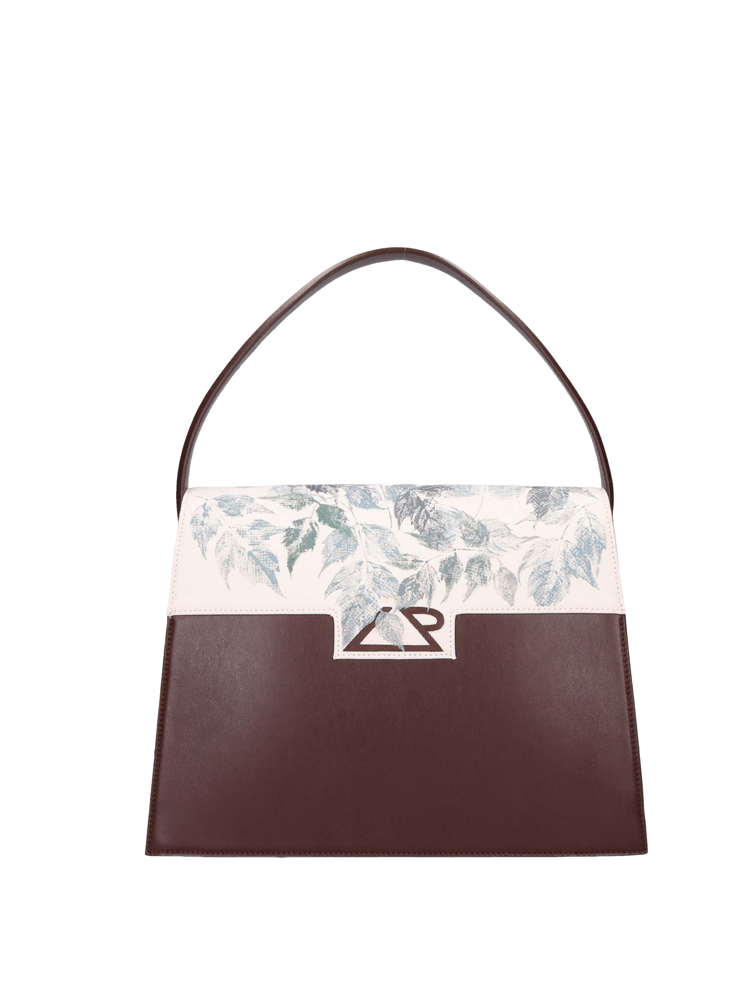 Hand-painted handbag from the iconographic series honoring Marilyn Monroe, featuring artwork on both front and back, red cotton logoed interior with three functional pockets, nickel-colored hooks and internal zip, and a brown leather handle.