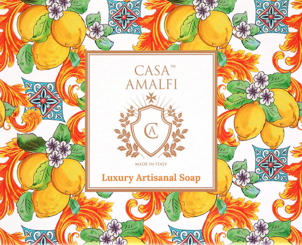  "Casa Amalfi Lemon Maiolica Gift Box containing two body soaps, one body scrub soap, and a hand-painted ceramic soap dish inspired by the Amalfi Coast, presented in an elegant maiolica design."