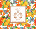  "Casa Amalfi Lemon Maiolica Gift Box containing two body soaps, one body scrub soap, and a hand-painted ceramic soap dish inspired by the Amalfi Coast, presented in an elegant maiolica design."