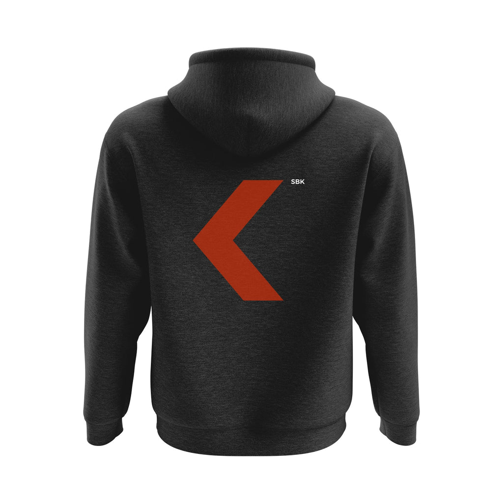 Black hoodie with a red arrow logo on the back against a white background