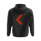 Black hoodie with a red arrow logo on the back against a white background