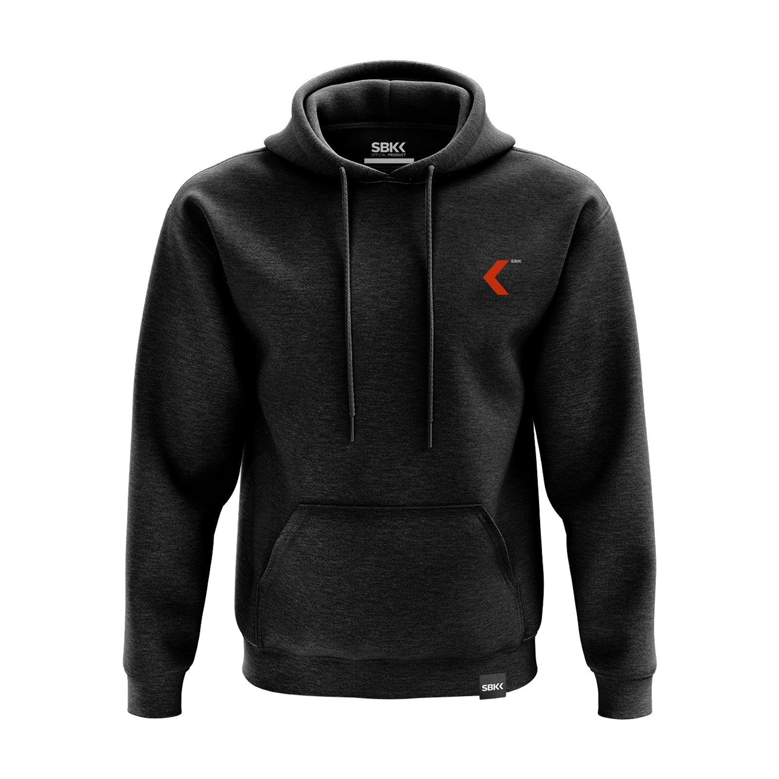 Black hoodie with a red logo on a white background