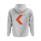 Gray hoodie with a red logo on the back against a white background