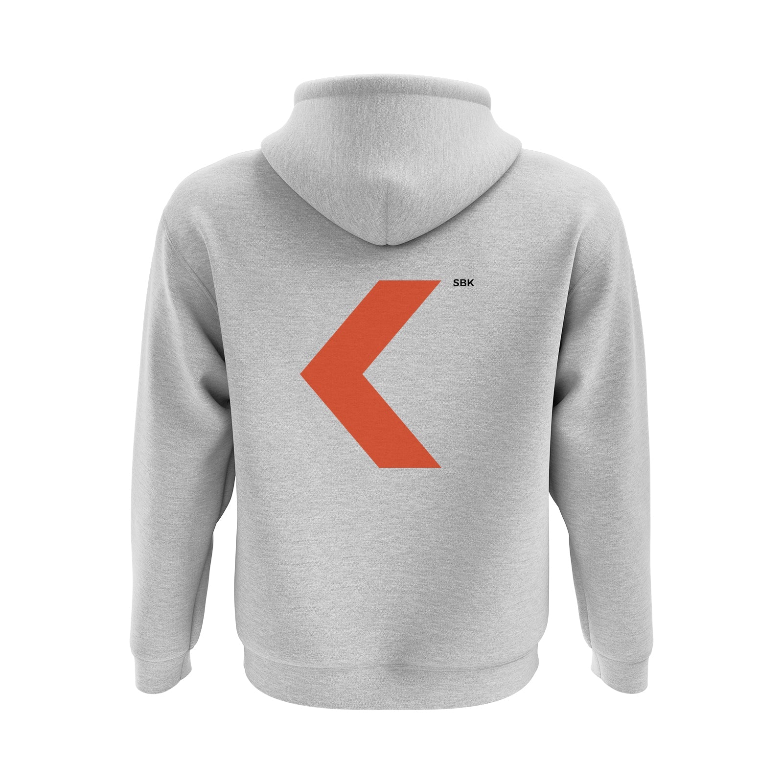 Gray hoodie with a red logo on the back against a white background