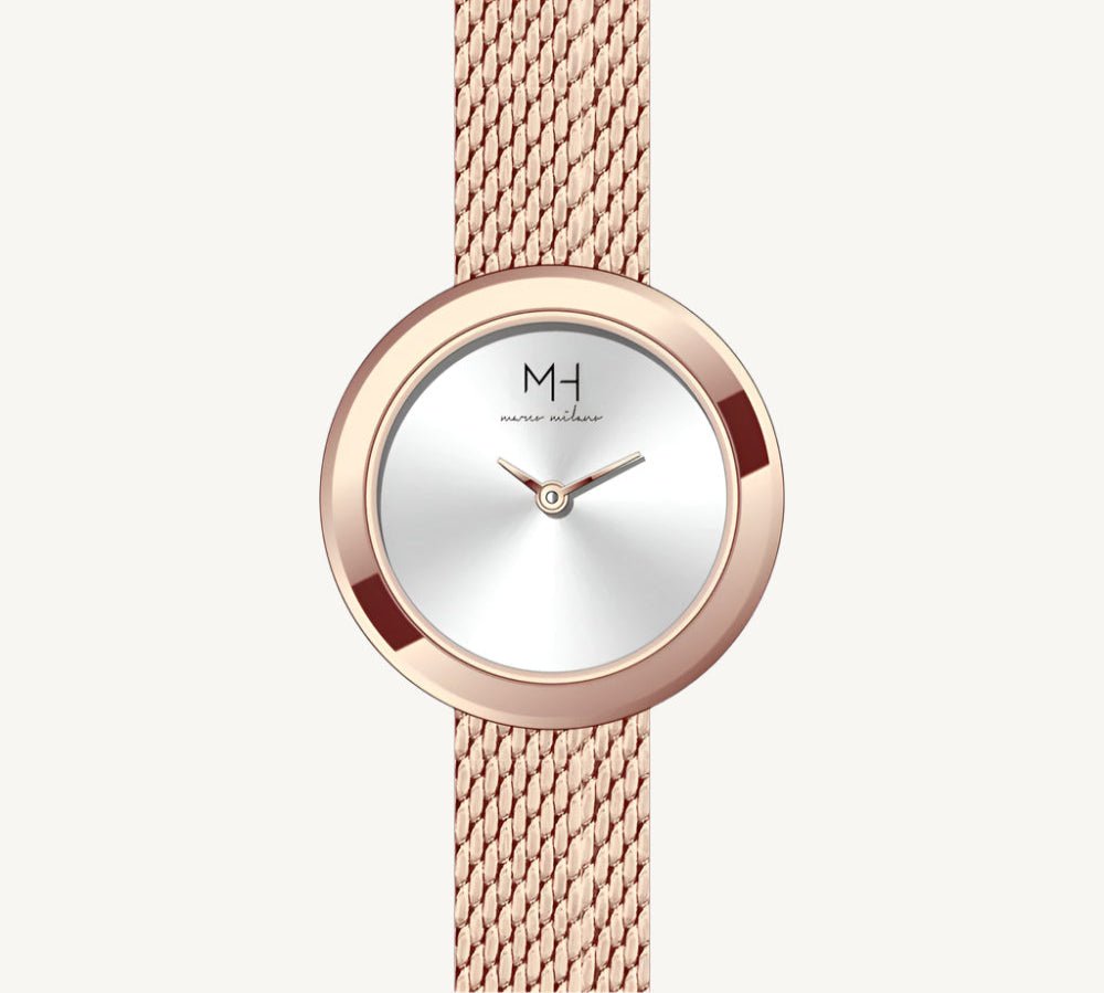Marco Milano MH99191L1 ladies watch with rose gold-tone polished stainless steel case and bracelet, silver dial, slim profile – elegant Japanese quartz timepiece for women.