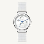 Marco Milano MH99240G1 men’s dualtimer watch with polished silver-tone stainless steel case and bracelet, silver dial, date display – modern Japanese quartz timepiece with dual time zones.