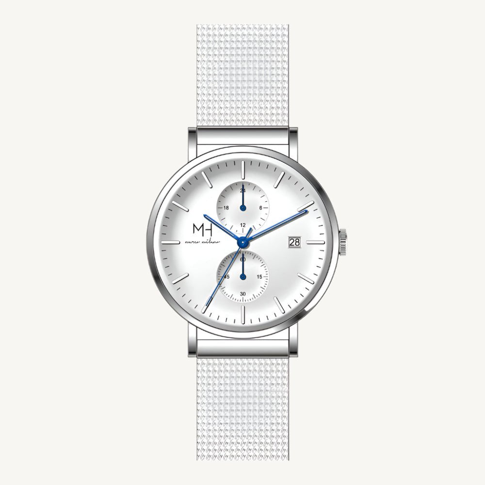 Marco Milano MH99240G1 men’s dualtimer watch with polished silver-tone stainless steel case and bracelet, silver dial, date display – modern Japanese quartz timepiece with dual time zones.