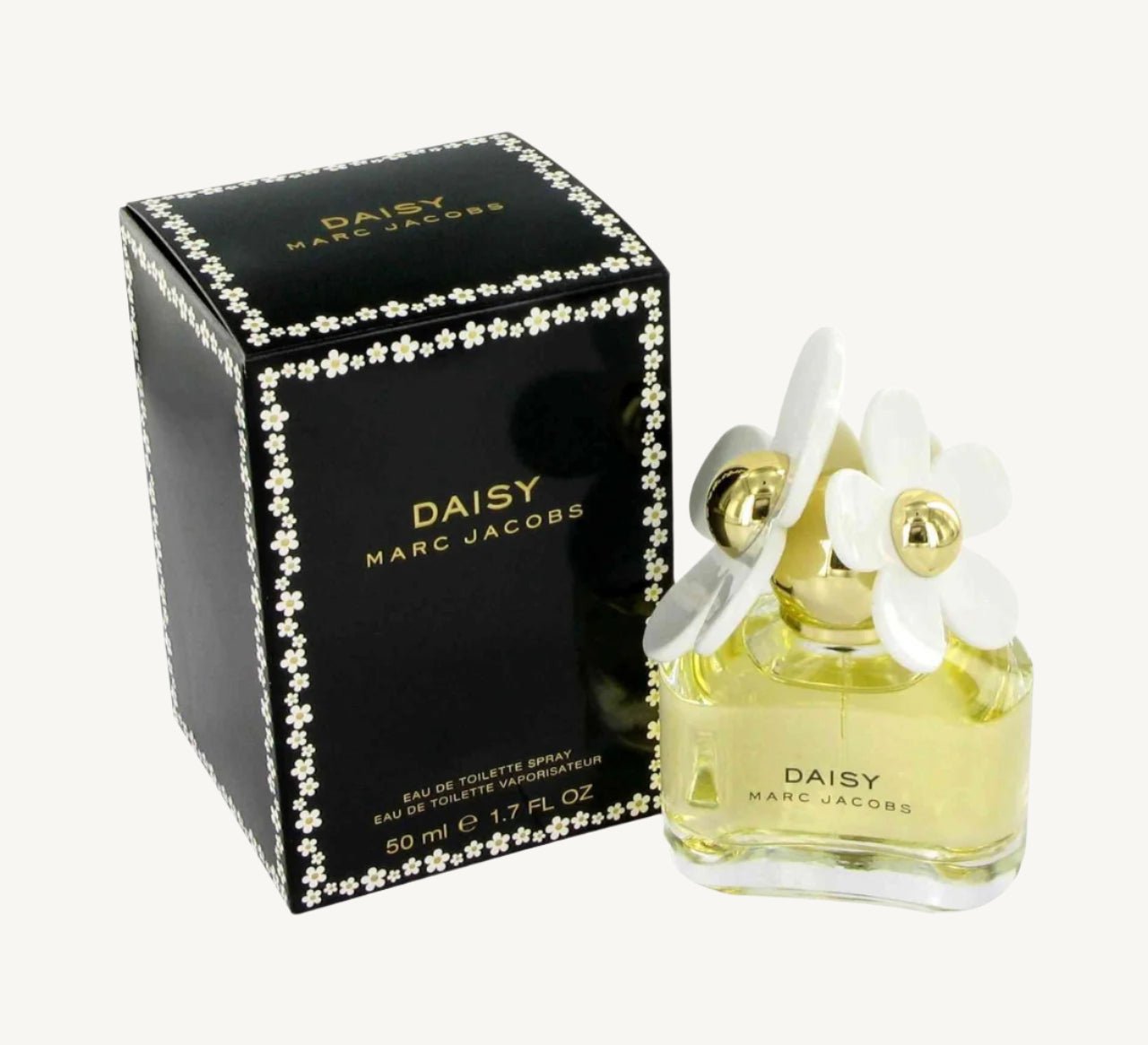 "Marc Jacobs Daisy Eau de Toilette 1.7 oz – a clear glass bottle filled with golden-hued fragrance, topped with a whimsical white daisy-adorned cap, reflecting a playful and feminine design."