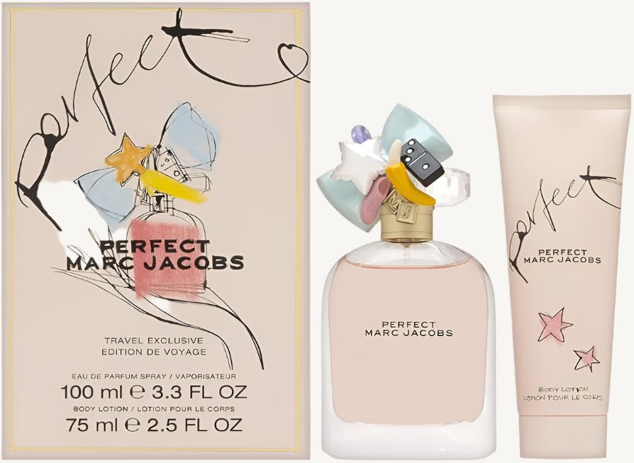"Marc Jacobs Perfect 2-Piece Gift Set featuring a 3.3 oz Eau de Parfum Spray and a 2.5 oz Body Lotion, elegantly packaged in a pastel pink box adorned with whimsical illustrations."