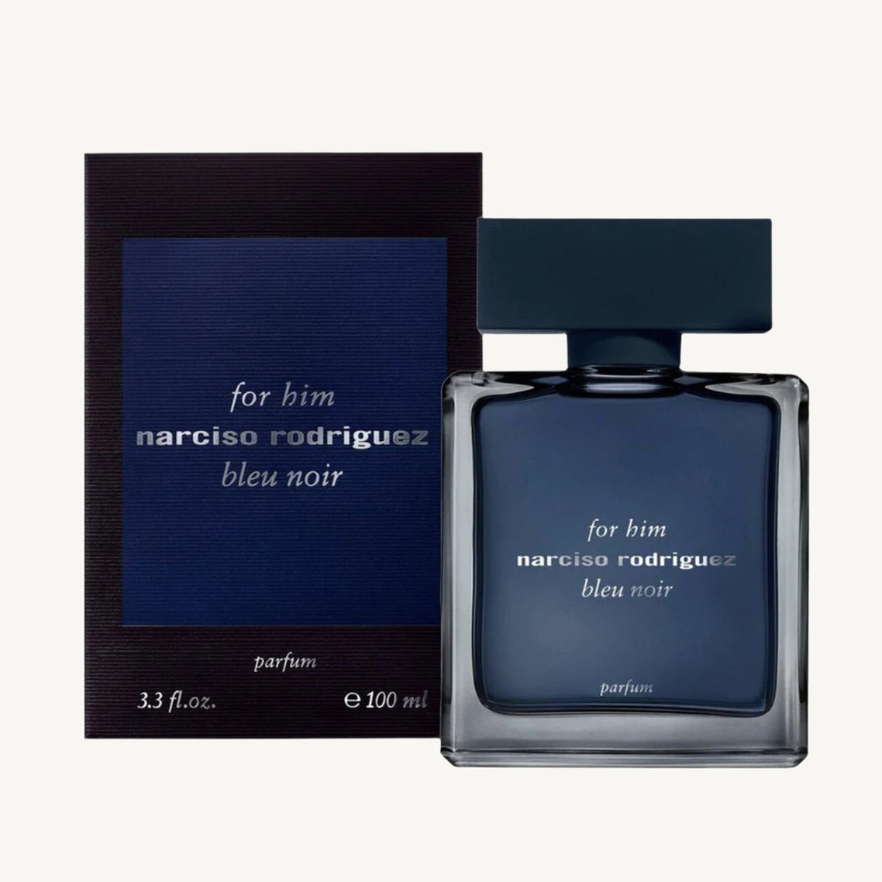 "Narciso Rodriguez For Him Bleu Noir Parfum 3.3 oz – sleek dark blue bottle with minimalist design, accompanied by its matching deep blue box."
