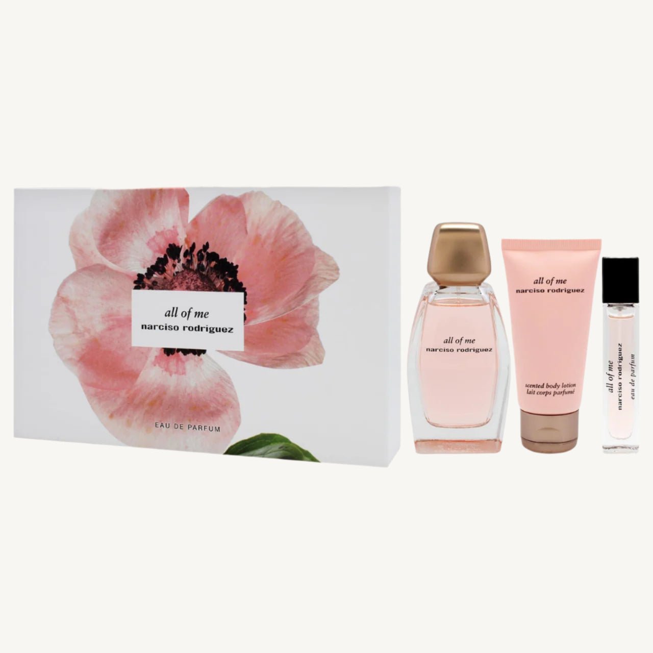 "Narciso Rodriguez All Of Me 3-Piece Gift Set for Women featuring a 3 oz Eau de Parfum Spray, a 1.6 oz Body Lotion, and a 0.34 oz Eau de Parfum Travel Spray, elegantly packaged in a chic pink box."