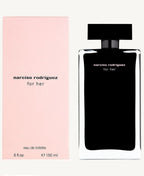 "Narciso Rodriguez For Her Eau de Toilette 5 oz – elegant rectangular bottle with soft pink label and black cap, presented alongside its matching blush pink box."