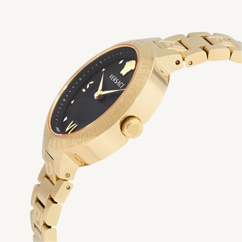 Versace VE2K00721 Greca ladies watch with polished gold-tone stainless steel case and bracelet, black dial, sapphire glass – luxury Swiss quartz timepiece for women.