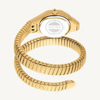 "Just Cavalli Signature Snake Amalfi JC1L270M0025 ladies watch with gold-tone stainless steel strap, stone-set silver dial, and polished finish."