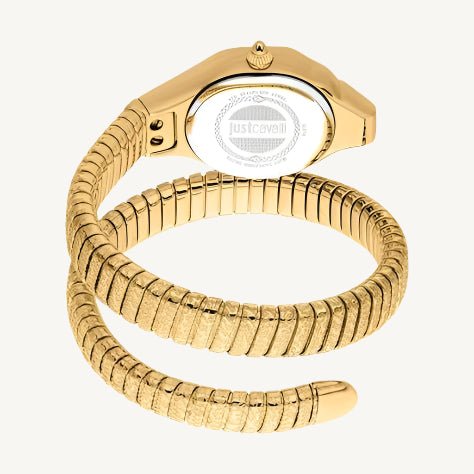 "Just Cavalli Signature Snake Amalfi JC1L270M0025 ladies watch with gold-tone stainless steel strap, stone-set silver dial, and polished finish."