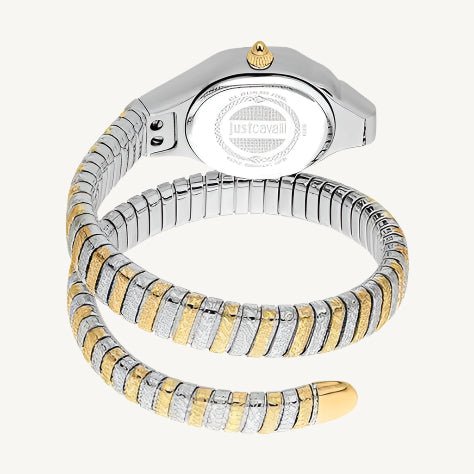 "Just Cavalli Signature Snake Amalfi ladies watch with silver and gold polished stainless steel case and bracelet, gold-tone dial with crystal details."