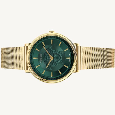 Versace VE8102519 V-Circle ladies watch with black dial, gold-tone stainless steel case, Greca pattern bezel, and black leather strap.