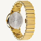 Versace VE8101519 V-Circle ladies watch with silver-tone dial, gold-tone stainless steel case, Greca pattern bezel, and black leather strap with Medusa logo.