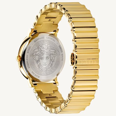 Versace VE8101519 V-Circle ladies watch with silver-tone dial, gold-tone stainless steel case, Greca pattern bezel, and black leather strap with Medusa logo.