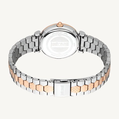 Just Cavalli Varenna Set JC1L273M0095 ladies watch with polished silver and rose gold stainless steel case and strap, grey dial, stone-set bezel, and gift box.