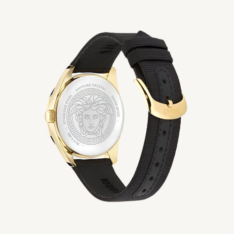 Elegant Versace VE8100819 V-Circle ladies wristwatch with gold-tone case and black leather strap, luxury designer accessory.