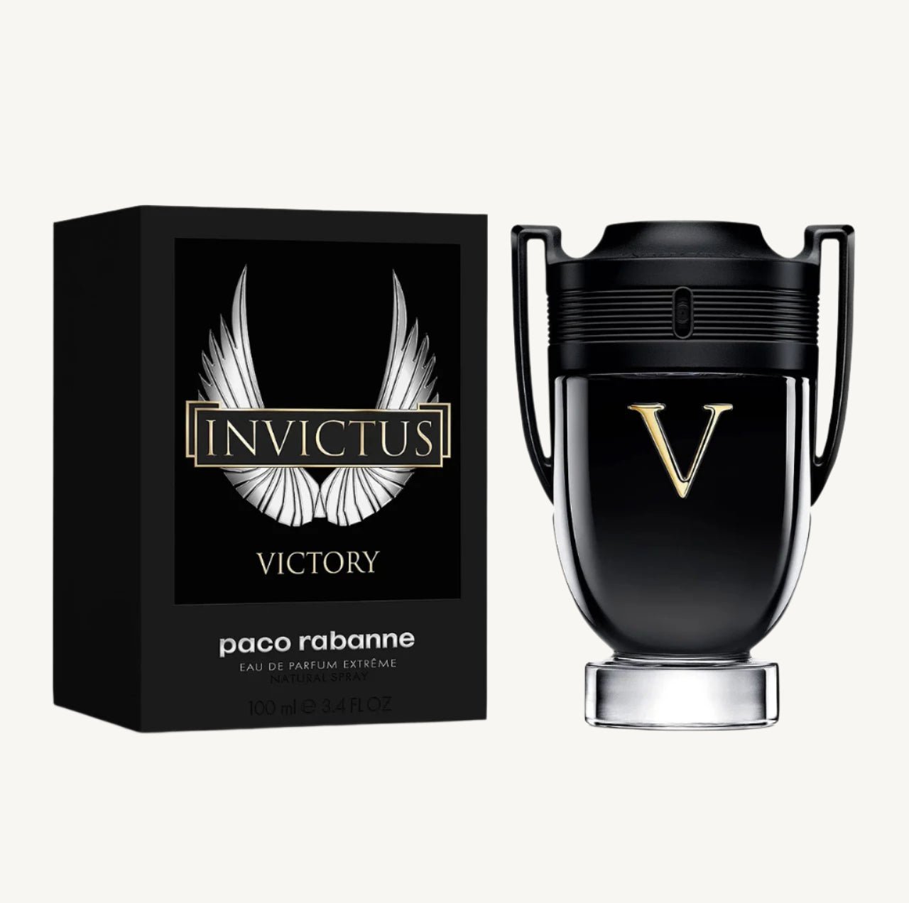 "Paco Rabanne Invictus Victory 6.8 oz Eau de Parfum Extreme Spray – a powerful and seductive scent for men featuring bold notes of lemon, pink pepper, incense, lavender, vanilla, and tonka bean. Built for triumph."