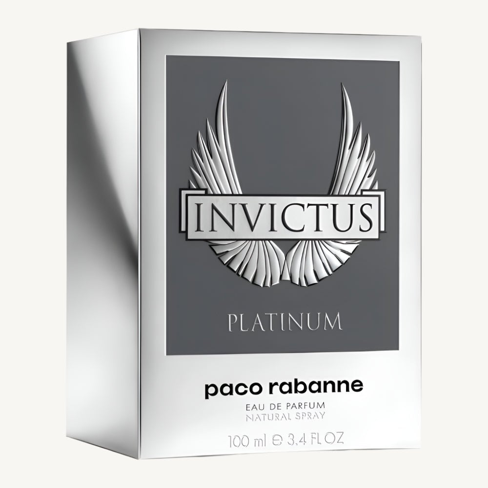 "Paco Rabanne Invictus Platinum 3.4 oz Eau de Parfum Spray – a fresh and intense fougère fragrance for men with notes of grapefruit, mint, lavender, patchouli, and cypress. A bold scent for unstoppable energy and ambition."