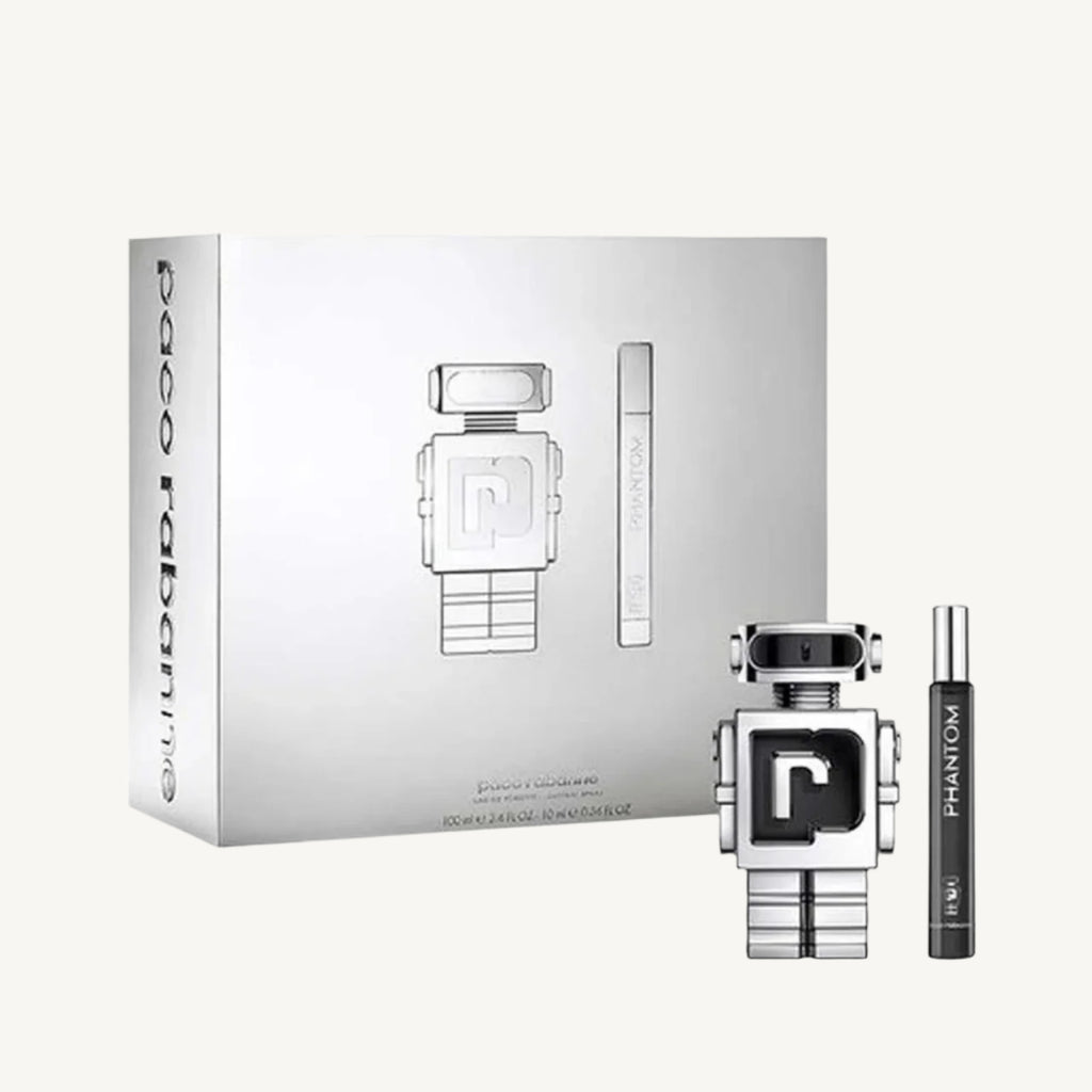 "Paco Rabanne Phantom 2-piece set for men – includes a 3.4 oz Eau de Toilette Spray and a 0.34 oz travel spray. A bold and futuristic fragrance with creamy lavender, lemon, apple, and vanilla for confident, high-tech masculinity."