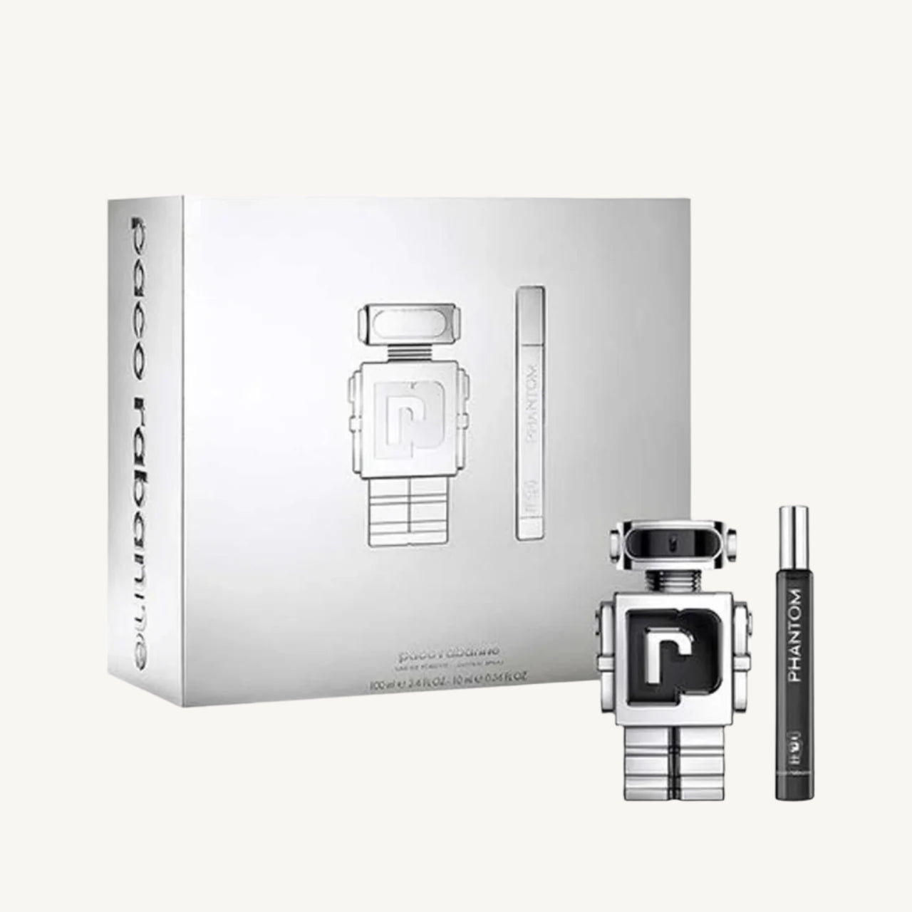 "Paco Rabanne Phantom 2-piece set for men – includes a 3.4 oz Eau de Toilette Spray and a 0.34 oz travel spray. A bold and futuristic fragrance with creamy lavender, lemon, apple, and vanilla for confident, high-tech masculinity."